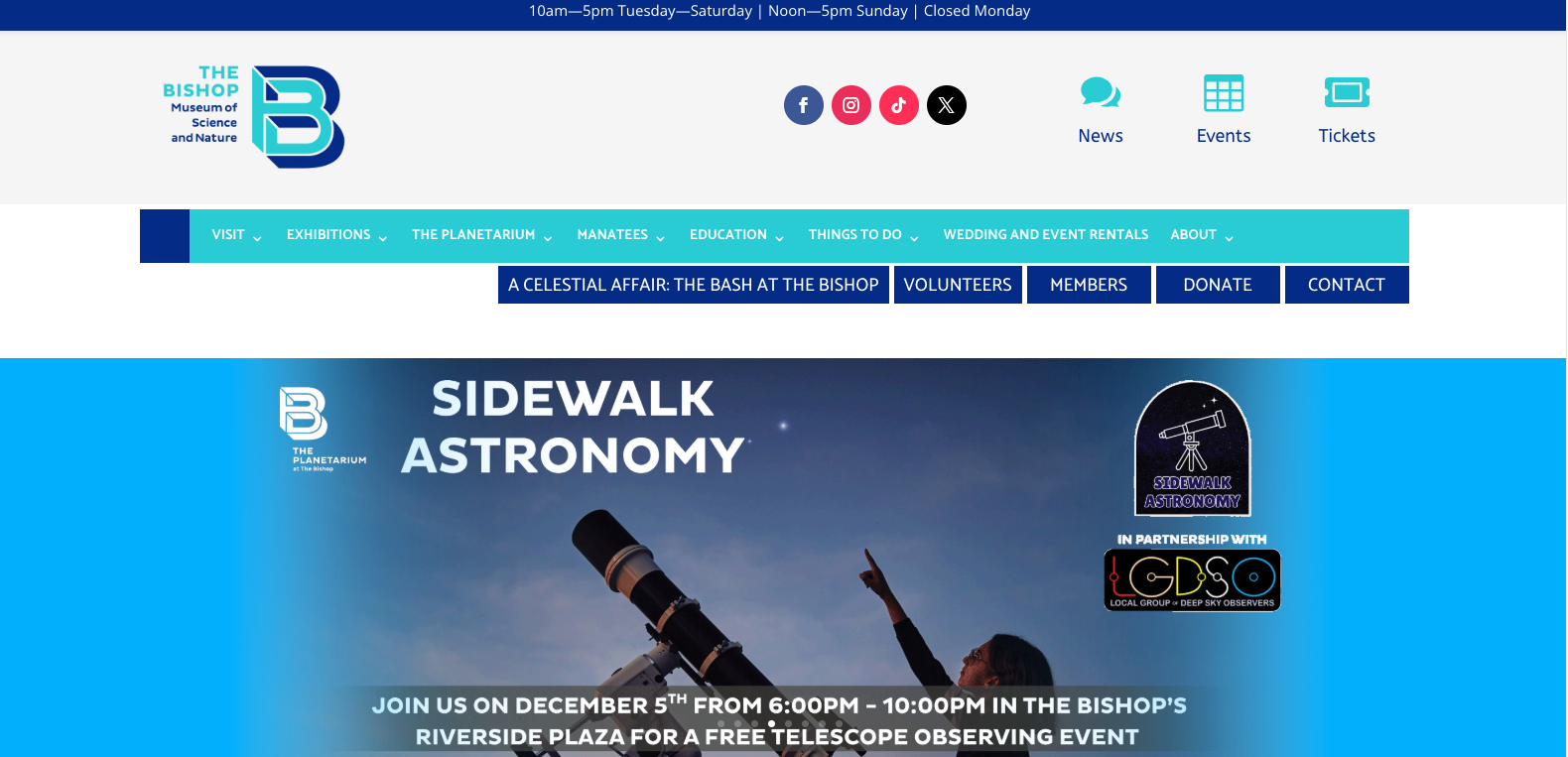 Screenshot of the website for The Bishop Museum, created by Sarasota Web Designer.
