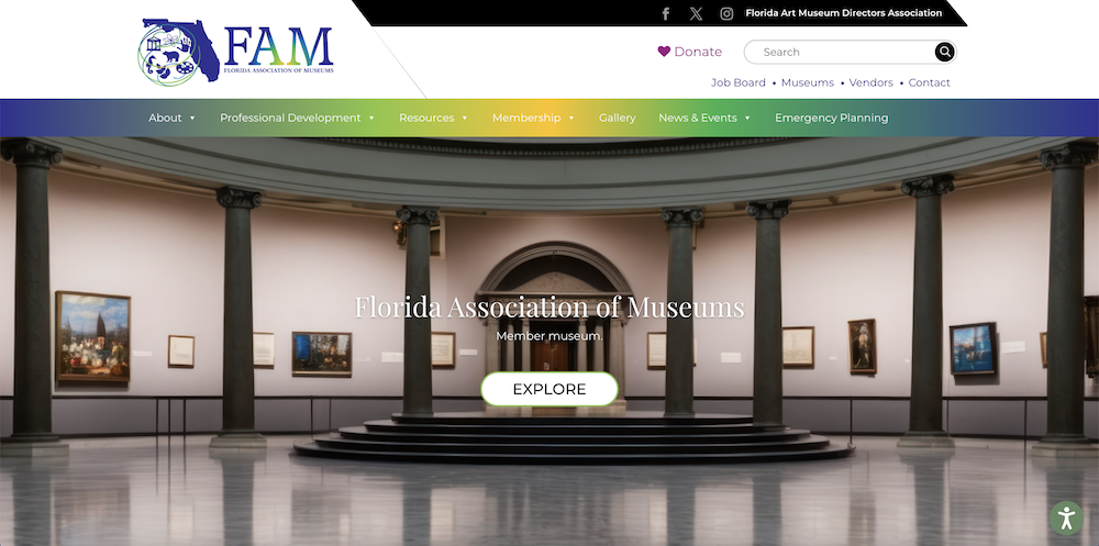 Screenshot of the website for Florida Association of Museums, created by Sarasota Web Designer.